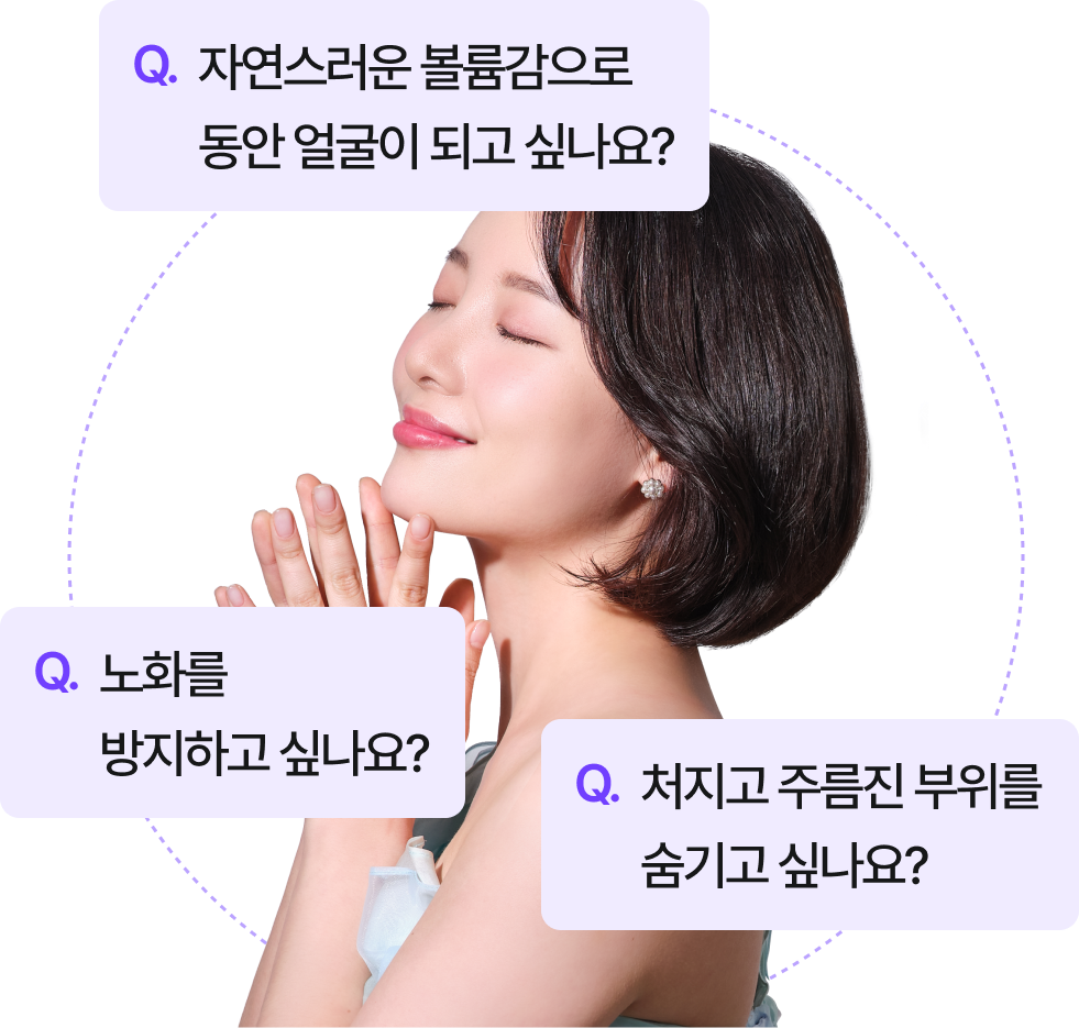 Q1. 자연스러운 볼륨감으로 동안 얼굴이 되고 싶나요? Q2.노화를 방지하고 싶나요? Q3.처지고 주름진 부위를 숨기고 싶나요?